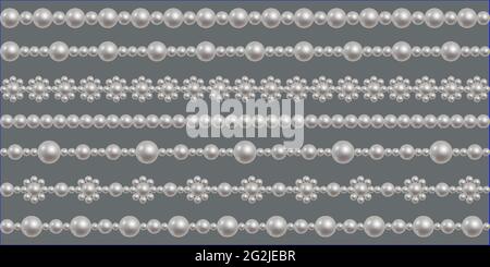 Pearl necklace, set of  seamless borders. White round sea pearl patterns. Vector illustration Stock Vector