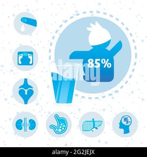 water balance in human body organs poster with child silhouette drinking water benefit infographic portrait vector illustration Stock Vector