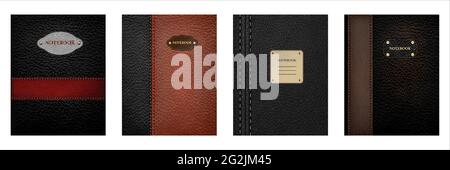 Leather textured notebook cover in set of four colors like black, grey, brown and chocolate Stock Vector