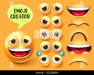 Emoji creator vector smiley set. Emoticon 3d character in facial expressions of happy, sad and angry with editable eyes and mouth elements for emojis. Stock Vector