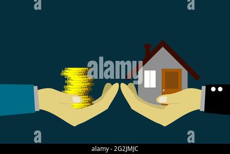 Hand holds house and receiving golden coins from other hand, 3D rendering Stock Photo