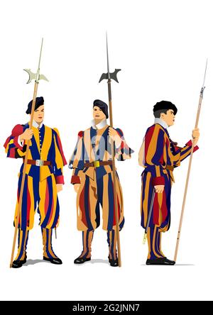 Three Swiss Guards of Vatican City. 3d vector illustration Stock Vector