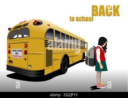 “Back to school” with buses an girl image. Vector 3d illustration Stock Vector