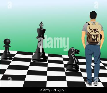 Young man on Chessboard. 3d vector abstract illustration Stock Vector