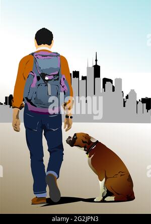 Young man with dog on city background . Vector 3d illustration Stock Vector