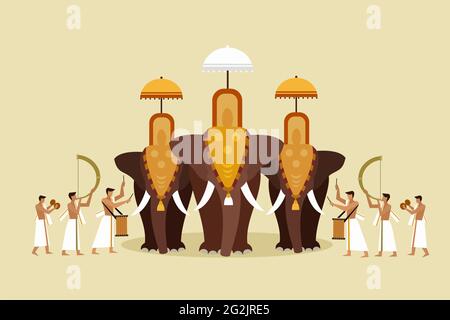 Illustration of elephant pageant with people playing percussion instruments. A scene from Kerala's religious festival Stock Vector