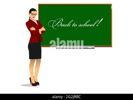 Strict teacher in eyeglasses at the blackboard. 3d vector color illustration Stock Vector