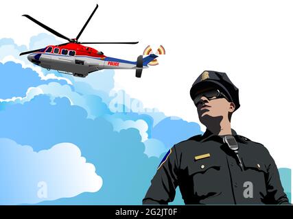 Police helicopter on sky background and policeman image. Vector 3d illustration Stock Vector