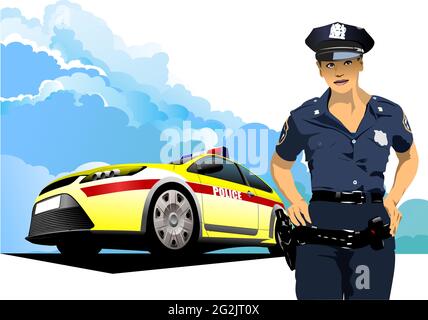 Policewoman and police car. Vector 3d illustration Stock Vector