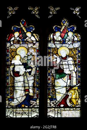Mary and infant Jesus and Saint John stained glass, St. Giles Church, Bletchingdon, Oxfordshire, England, UK Stock Photo