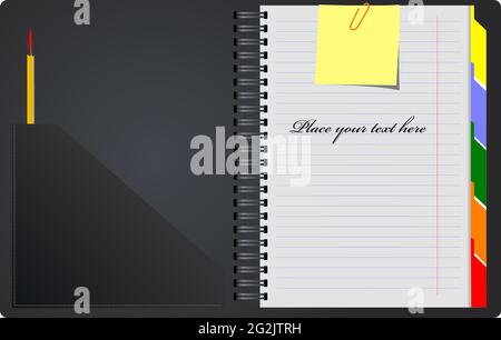 Black Notebook open on white background with clipped yellow none. Vector illustration Stock Vector