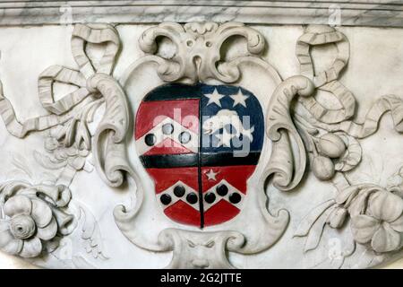 Coat of arms on a Coghill family monument, St. Giles Church, Bletchingdon, Oxfordshire, England, UK Stock Photo