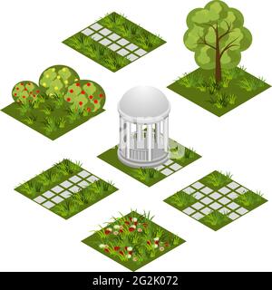Garden isometric tile set. Isolated isometric tiles to design garden landscape scene. Cartoon or game asset with grass, trees,  flowers, paved walks, Stock Vector