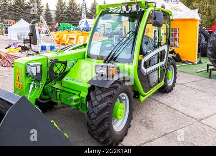 Samara, Russia - September 23, 2017: Agricultural tractor of the MERLO Italian company at the annual Volga agro-industrial exhibition Stock Photo