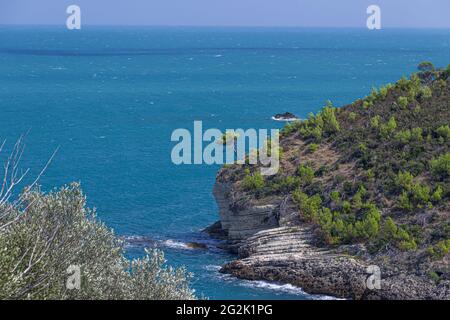 Coastline of Vieste. Rocky sea coast near Architello (Arch) of San Felice on the Gargano peninsula, Apulia, Italy. Stock Photo