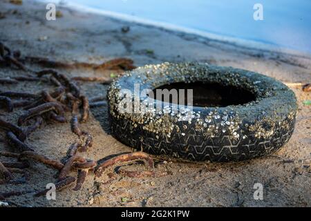 Old tire, covered in little shells, and rusty chain on a sandy beach Stock Photo