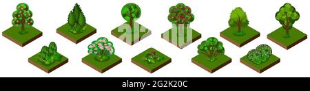 Isometric park or garden set. Trees, bushes and shrubs with grass and flowers. Isolated tiles for game or cartoon landscape background and scenes. Stock Vector