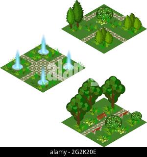 Garden isometric set to create garden landscape scene for game asset or cartoon background. Fountain, flowers, bushes and trees, paved walks. Isolated Stock Vector