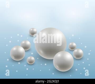 Abstract background with realistic 3d pearls. Elegant luxurious design, white and blue. Vector illustration Stock Vector