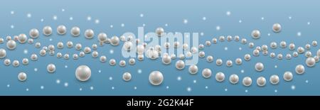 Threads of pearls. Background pattern, seamless horizontally. Realistic white pearls and shining sparkles. Vector illustration Stock Vector