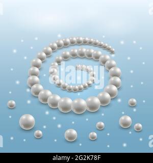 Pearl necklace, elegant jewel illustration. 3d realistic pearls on blue background with light shiny effect. Vector illustration Stock Vector