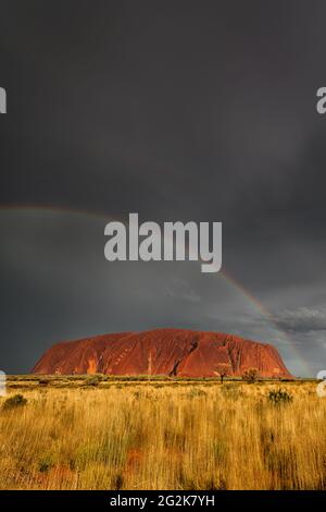 Rarely to see famous Uluru in rain with a rainbow. Stock Photo