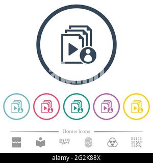 Playlist author flat color icons in round outlines. 6 bonus icons included. Stock Vector
