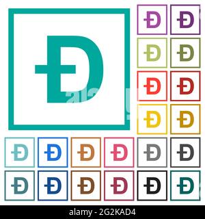 Dogecoin digital cryptocurrency flat color icons with quadrant frames on white background Stock Vector