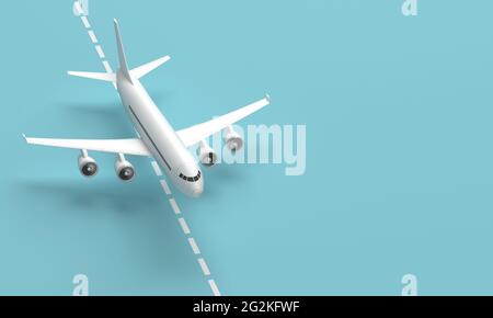 3d plane on the runway on blue blue background with copy space. 3d rendering. Stock Photo