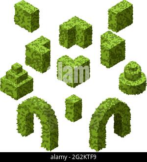 Set of garden bushes. Isolated vector topiary bushes to create garden or landscape scenes. Isometric set. Vector Illustration Stock Vector