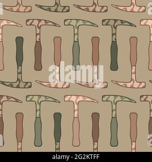 Horizontal doodle camo rock pick hammer seamless pattern. Camouflage military geological hammer repeat background. For scrapbooking, wallpaper, fabric, wrapping, invitations, card. Stock Vector