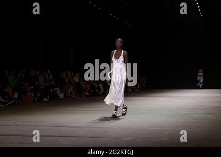 A model walks the runway during the KITX show during the Afterpay Australian Fashion Week Resort 2022 Collections at Carriageworks on June 2, 2021 in Stock Photo