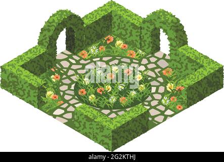 Garden vector asset with topiary bushes, flowers, grass and paved walk way. Isometric set, vector illustration. Can be used to create garden scenes or Stock Vector