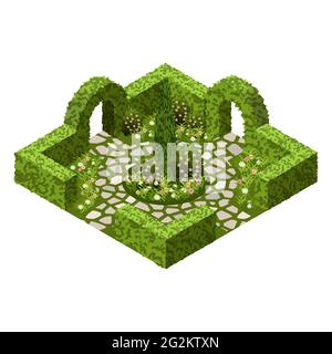 Isometric garden landscape scene. Topiary garden bushes, flowers and grass, paved walks. Use to design garden in classic style  for cartoon or game as Stock Vector