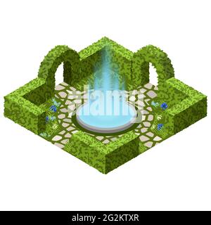 Garden landscape scene with topiary bushes, flowers and garden fountain. Isometric view, vector illustration. Can be used for creating garden scenes i Stock Vector
