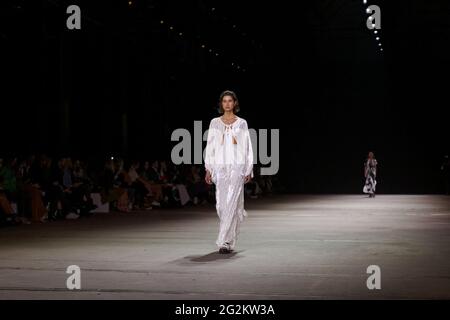 A model walks the runway during the KITX show during the Afterpay Australian Fashion Week Resort 2022 Collections at Carriageworks on June 2, 2021 in Stock Photo