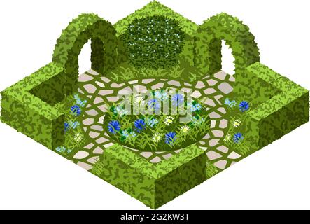 Garden vector asset with topiary bushes, flowers, grass and paved walk way. Isometric set, vector illustration. Can be used to create garden scenes or Stock Vector