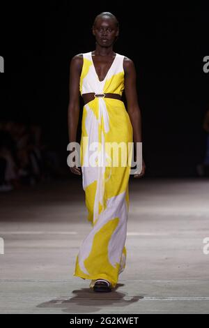 A model walks the runway during the KITX show during the Afterpay Australian Fashion Week Resort 2022 Collections at Carriageworks on June 2, 2021 in Stock Photo