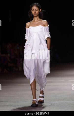 A model walks the runway during the KITX show during the Afterpay Australian Fashion Week Resort 2022 Collections at Carriageworks on June 2, 2021 in Stock Photo