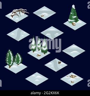 Winter forest isometric tile set with trees and bushes in snow. Isolated isometric tiles to design landscape scenes for game or cartoon background Stock Vector