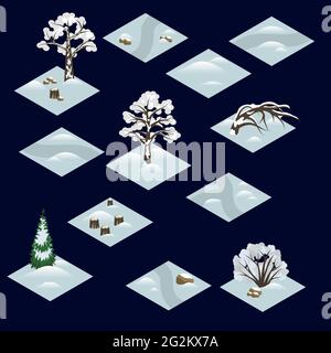 Winter forest isometric tile set with trees and bushes in snow. Isolated isometric tiles to design landscape scenes for game or cartoon background Stock Vector