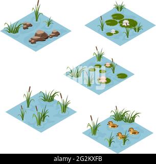 Lake landscape isometric tile set, Cartoon or game asset to create forest or garden lake or pond scene. Isometric isolated tiles with water, grass, du Stock Vector