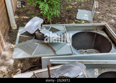 Open air conditioner need service, repair and clean equipment Stock Photo