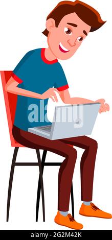 caucasian boy searching movie on laptop cartoon vector Stock Vector