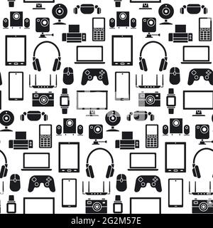 Black and white seamless pattern of the digital devices and gadgets. Stock Vector