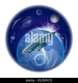 Concept illustration of the flying ufo space ship in outer space. Stock Vector