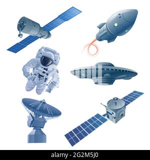 Concept illustrations of the exploration of the galaxy and space, astronaut and space ships and satellite Stock Vector