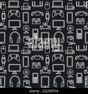 Black and white outline seamless pattern of the digital devices and gadgets. Stock Vector