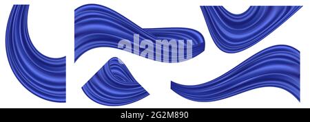 Blue silk swirl waves. Set of isolated curtain drapes on white background, smooth elegant satin texture. Wavy decorative elements, gradient silver blu Stock Vector
