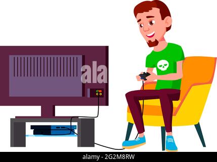 boy playing video games on console in living room cartoon vector Stock Vector